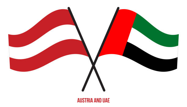 illustrazioni stock, clip art, cartoni animati e icone di tendenza di bandiere austriache e degli emirati arabi uniti attraversate e sventolano in stile piatto. proporzione ufficiale. colori corretti. - united arab emirates flag united arab emirates flag interface icons