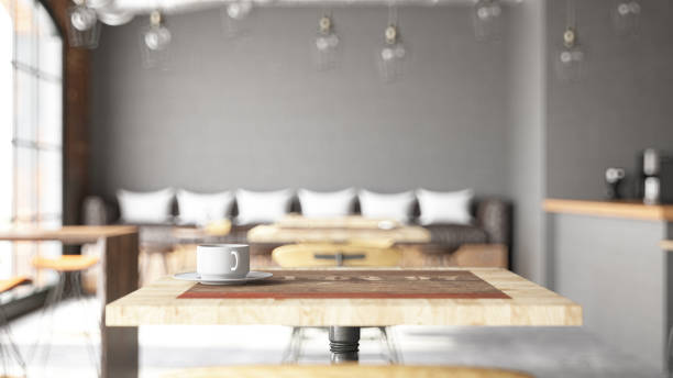 Wooden Table Surface And Coffee Shop As Background. 3d Render
