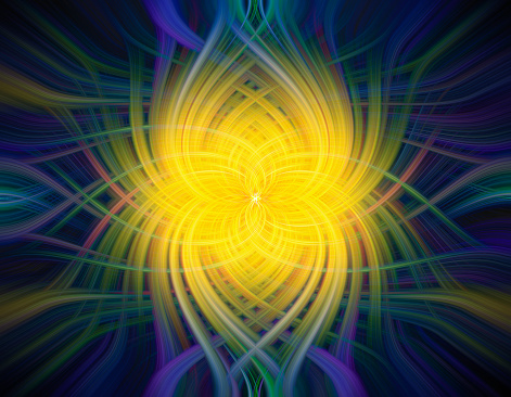 Abstract background made from a yellow flower, with twirl or pinwheel effect and blue and yellow colors