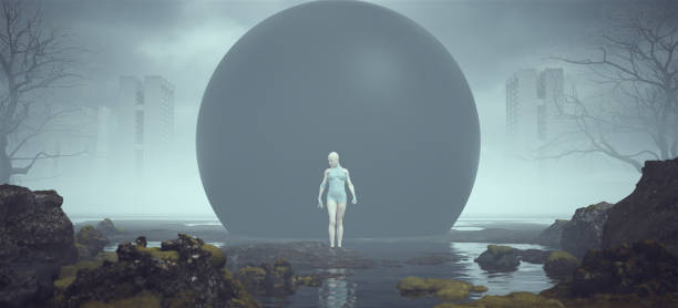 istock Futuristic Female Strong Aggressive Standing Pose Alien Landscape Mysterious Black Sphere near a Foggy Abandoned Brutalist Style Architecture in the Distance 1329663954