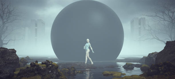 istock Futuristic Female Strong Aggressive Standing Pose Alien Landscape Mysterious Black Sphere near a Foggy Abandoned Brutalist Style Architecture in the Distance 1329664028