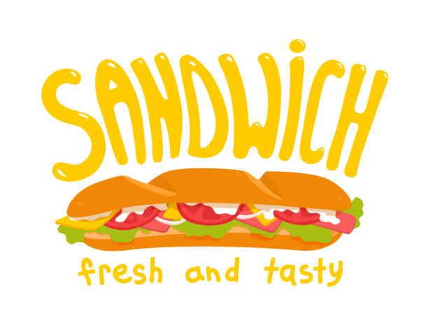 잠수함 샌드위치, 호지. 신선하고 맛있는 손으로 쓴 텍스트. 레터링 단어 샌드위치. 하위 광고. - sandwich ham white background lunch stock illustrations