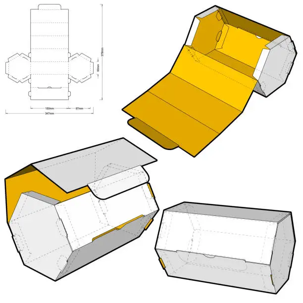 Vector illustration of Hexagonal self assembly packaging and Die-cut Pattern. Ease of assembly, no need for glue. The .eps file is full scale and fully functional. Prepared for real cardboard production.