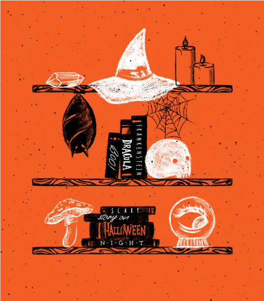 ilustrações, clipart, desenhos animados e ícones de prateleira de halloween com cristal, chapéu de bruxa, velas, teia de aranha, morcego, livros, crânio, cogumelo, história assustadora, bola de espírito laranja - bat halloween spider web spooky