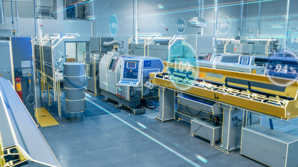istock Futuristic Concept: Factory Digitalization with Information Showing Efficiency Percentage of High-Tech Modern Electronics Facility. CNC Automatic Machinery Manufacturing Products Using IoT Industry 1329665157