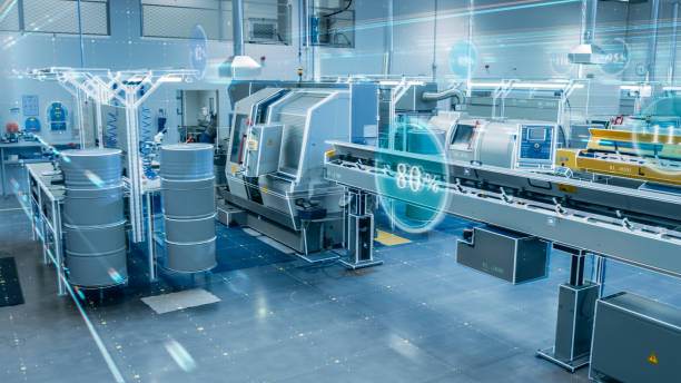 istock Futuristic Concept: Factory Digitalization with Information Showing Efficiency Percentage of High-Tech Modern Electronics Facility. CNC Automatic Machinery Manufacturing Products Using IoT Industry 1329665162