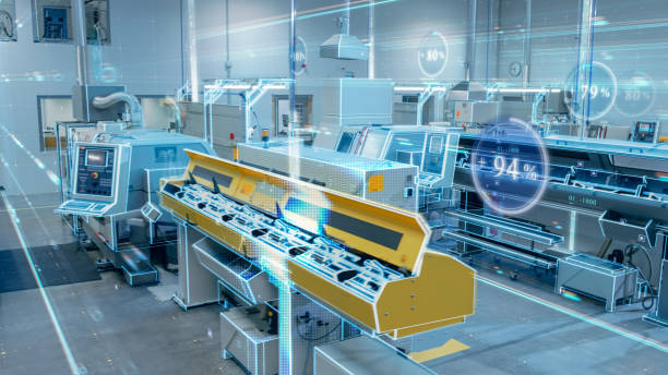 Futuristic Design: Factory Digitalization with Information Lines Lying Through the High-Tech Modern Electronics Facility. CNC Automatic Machinery Manufacturing Products Using IoT Industry 4.0 Futuristic Design: Factory Digitalization with Information Lines Lying Through the High-Tech Modern Electronics Facility. CNC Automatic Machinery Manufacturing Products Using IoT Industry 4.0 computer aided manufacturing photos stock pictures, royalty-free photos & images