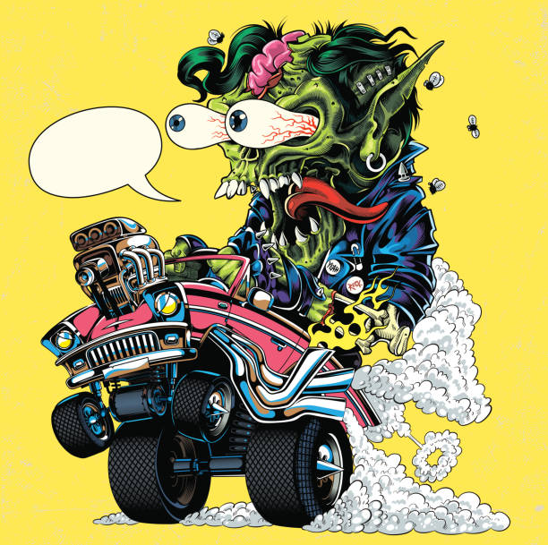 Hot Rod monster illustration Zombie monster riding hot rod drag racing car punk rock stock illustrations