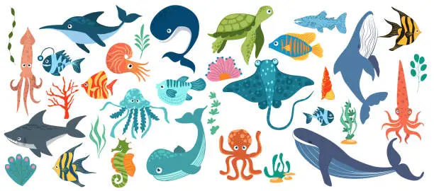 Vector illustration of Fish and wild marine animals are isolated on white background. Inhabitants of the sea world, cute, funny underwater creatures dolphin, shark, ocean crabs, sea turtle, shrimp.