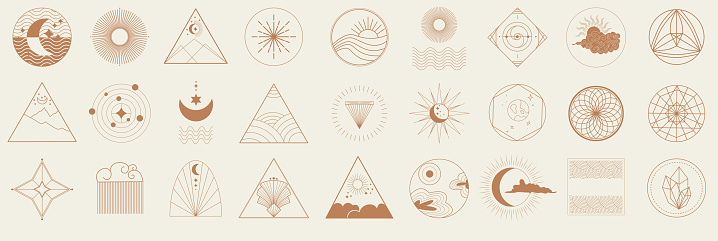 Linear boho icons. Bohemian styled logotypes in vector for fashion, beauty, mental and treatment industries.