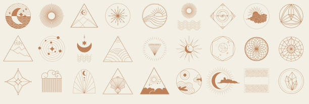 Linear boho icons. Bohemian styled logotypes in vector for fashion, beauty, mental and treatment industries. Abstract design elements for decoration in modern minimalist style for social media posts Linear boho icons. Bohemian styled logotypes in vector for fashion, beauty, mental and treatment industries. boho illustrations stock illustrations