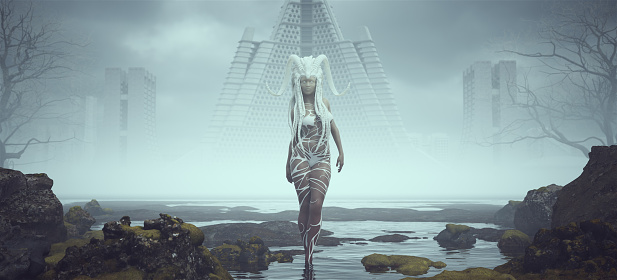 Futuristic Sci Fi Alien Villain Space Voodoo Witch Doctor Woman Walking in Alien Landscape Mysterious Foggy Abandoned Brutalist Architecture 3d illustration render