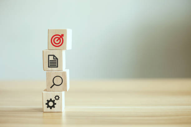 istock Closeup woods block step on table with icon business strategy and action plan, business development concept. 1329667977