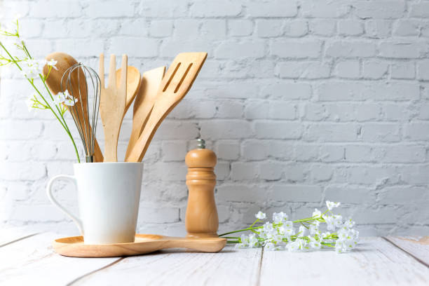 istock Kitchen tools and kitchenware utensil object with ingredients on kitchen shelf wood white for healthy eat and health care life.  Wall white brick background, copy space for text 1329668255