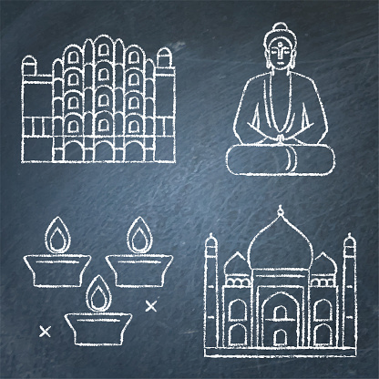 India chalkboard icons set in line style. Traditional symbols including holiday candles, Hawa Mahal palace, Buddha and Taj Mahal. Vector illustration.