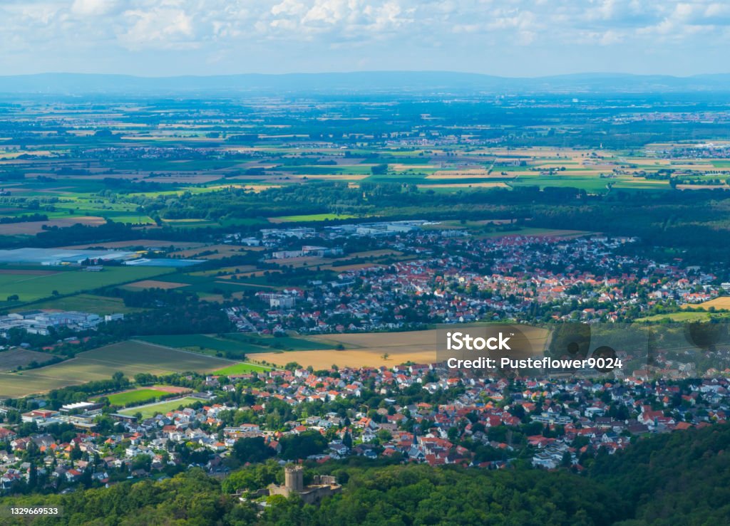 View over Basin of Odenwald Mountains Germany Landscapes of Hesse Aerial View Stock Photo