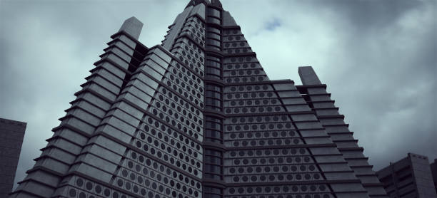 Dystopian Brutalist Tower Futuristic Architecture Sci-fi Cloudy Overcast Abandoned City 3d illustration render