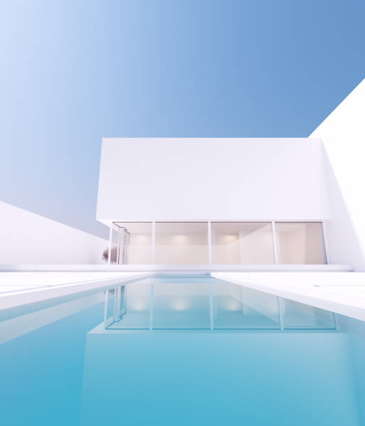istock Modern Luxury Minimalist Mansion Villa Large Exterior with Cherry Blossom Tree and White Stone Slab Garden and Pool 1329671408