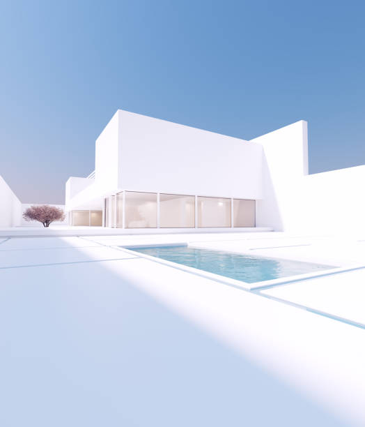 istock Modern Luxury Minimalist Mansion Villa Large Exterior with Cherry Blossom Tree and White Stone Slab Garden and Pool 1329671409