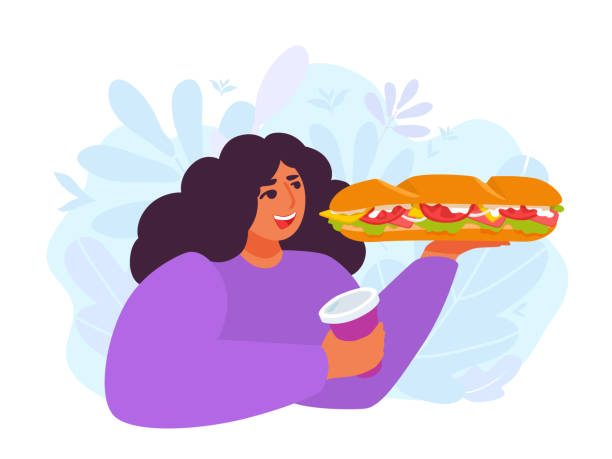 illustrations, cliparts, dessins animés et icônes de une femme tenant un sandwich sous-marin et une tasse de café. une fille mange un sous-marin. délicieux fast-food. - bread white background isolated loaf of bread