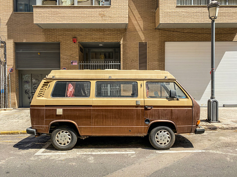 VW T1 Bus or also called Bulli two-tone, produced from 1950-1967 at the oldtimer exhibition in Cologne, diagonal front view