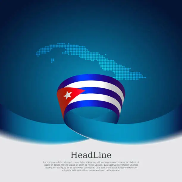 Vector illustration of Cuba flag, mosaic map on blue white background. Wavy ribbon with the cuban flag. Vector banner design, cuba national poster. Cover for business booklet. State patriotic, flyer, brochure