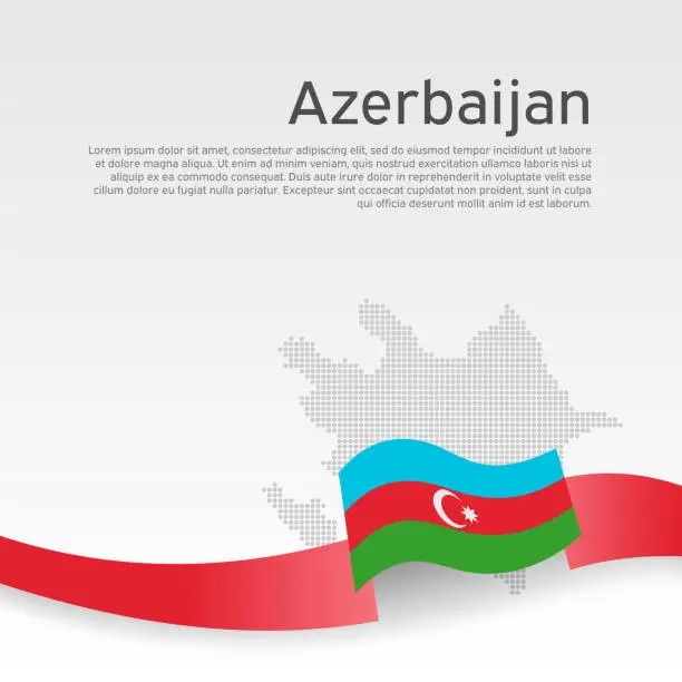 Vector illustration of Azerbaijan flag, mosaic map on white background. Wavy ribbon with the azerbaijani flag. Vector banner design, azerbaijan national poster. Cover for business booklet. State patriotic, flyer, brochure
