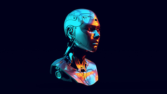 Cyborg with with Red Orange and Blue Green Moody 80s lighting 3d illustration 3d render