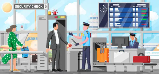 Vector illustration of Airport Security Scanner. Conveyor With Luggage