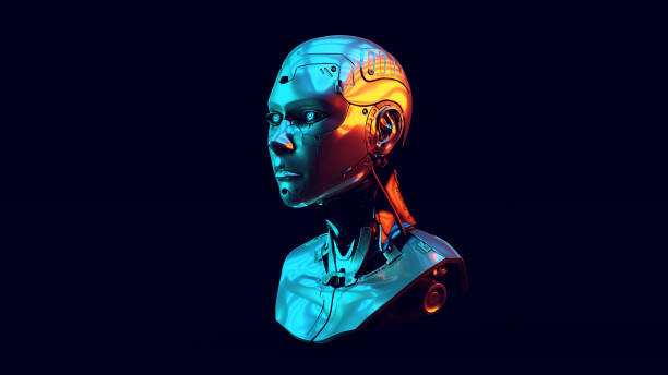 istock Cyborg with with Red Orange and Blue Green Moody 80s lighting 1329676968