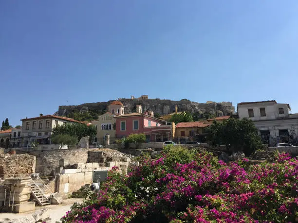 Photo of View of the Athenian Acropolis seen from Hadrian's Library in Athens, Greece.