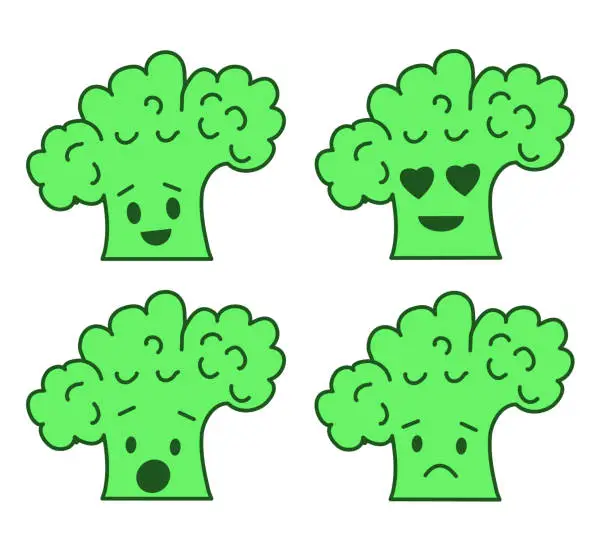 Vector illustration of Sel of emoji broccoli stickers isolated on white