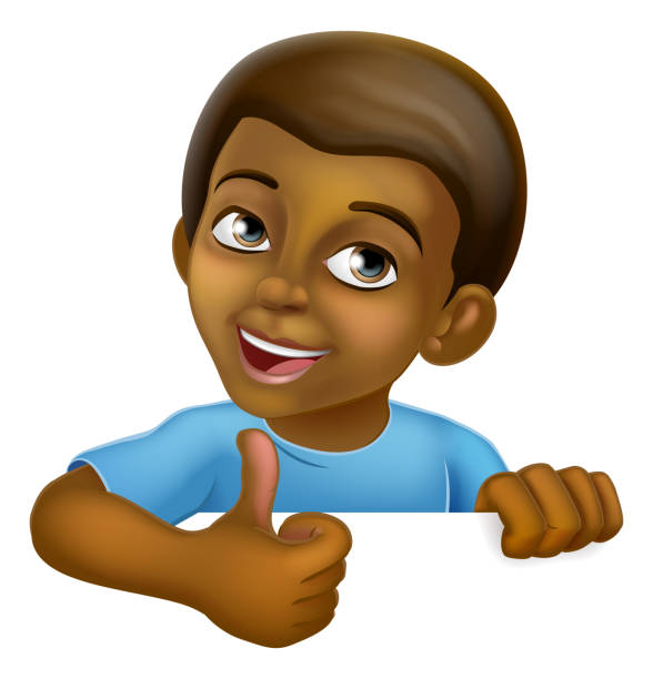 Black Boy Cartoon Child Kid Thumbs Up Sign A young black little boy cartoon child character kid peeking over a background sign and giving a thumbs up. white background smiling minority african descent stock illustrations
