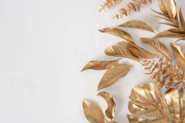 istock Gold tropical palm leaves Monstera on white background. Flat lay 1329680140