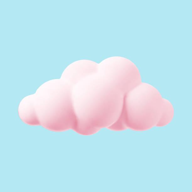 rosa 3d-wolke isoliert auf blauem hintergrund. rendern sie das magische sonnenuntergangswolkensymbol am blauen himmel. 3d geometrische form vektor illustration - cumuliform stock-grafiken, -clipart, -cartoons und -symbole