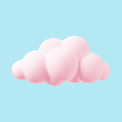 Pink 3d cloud isolated on a blue background. Render magic sunset cloud icon in the blue sky. 3d geometric shape vector illustration.
