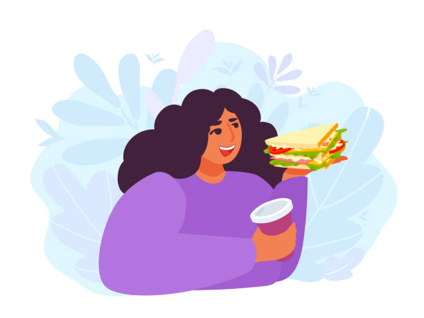 ilustraciones, imágenes clip art, dibujos animados e iconos de stock de una mujer sosteniendo un sándwich de club de triángulo blt y café. una niña come comida rápida. - sandwich ham white background lunch