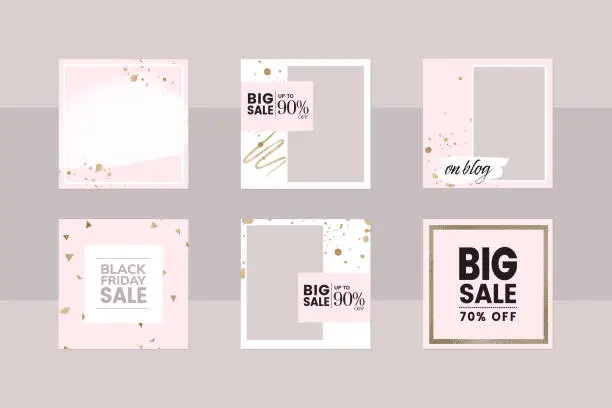 Vector illustration of Instagram social media story post reel layout template. square frame app background in pink and gold glitter. banner for black Friday sale, special price, limited promotion for beauty, makeup, jewelry