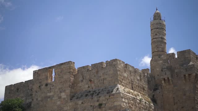 Outside city view of Jerusalem old wall. View of the wall of the Old City of Jerusalem, wide angle, panorama Israel. King David city wall architect protector at the meddle east