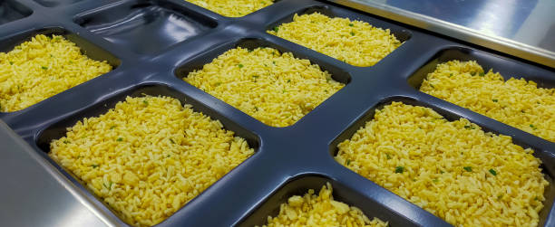 Frozen fried rice with egg in plastic tray waiting for top seal label with thermoforming machine in food factory. Frozen food industry. Ready meal process in manufacturing. Food packaging industry.