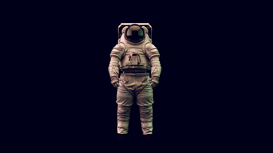 Astronaut with Black Visor and White Spacewalk Spacesuit with Green and White Moody 80s lighting 3d illustration render