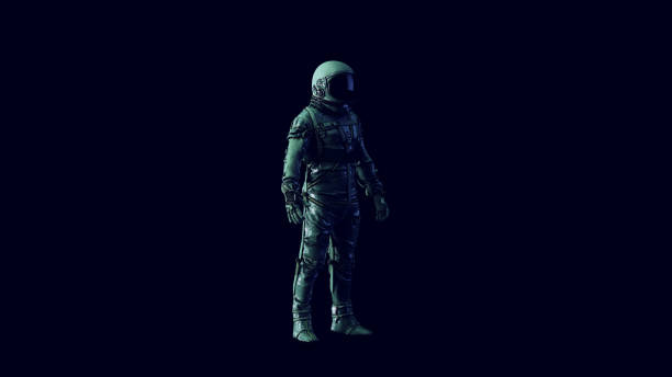 istock Vintage Astronaut Silver Spacesuit with Black Visor and White Spacewalk Spacesuit with Blue and Green Moody 80s lighting 1329685568