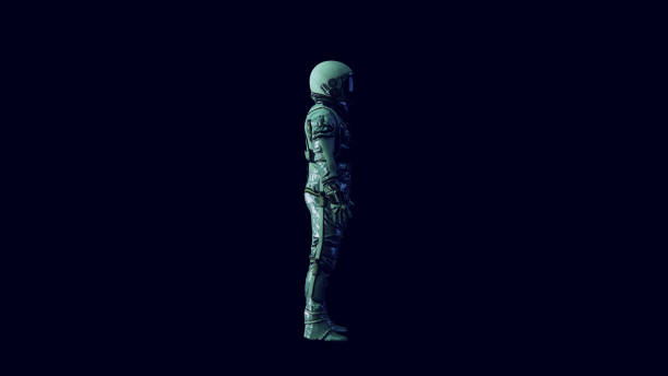 istock Vintage Astronaut Silver Spacesuit with Black Visor and White Spacewalk Spacesuit with Blue and Green Moody 80s lighting 1329685569