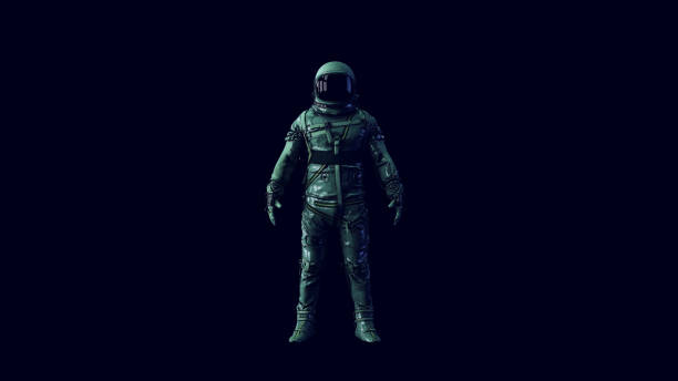 istock Vintage Astronaut Silver Spacesuit with Black Visor and White Spacewalk Spacesuit with Blue and Green Moody 80s lighting 1329685651