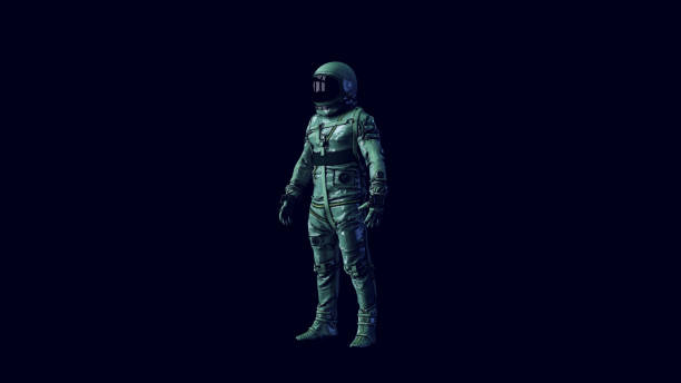 istock Vintage Astronaut Silver Spacesuit with Black Visor and White Spacewalk Spacesuit with Blue and Green Moody 80s lighting 1329685653