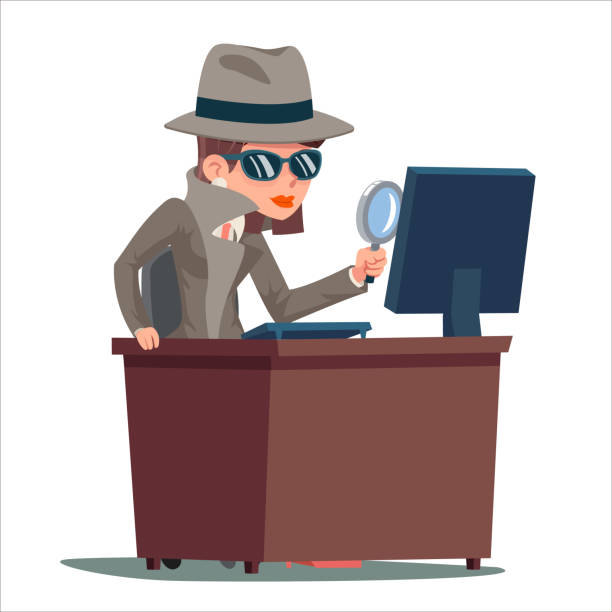 ilustraciones, imágenes clip art, dibujos animados e iconos de stock de pc buscar mujer snoop detective lupa tec agente de dibujos animados en línea diseño vector ilustración - detective inspector forensic science searching