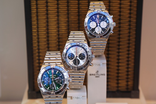 Breitling watches displayed in a shop window in Dortmund, Germany. Breitling is a Swiss watch manufacturer.