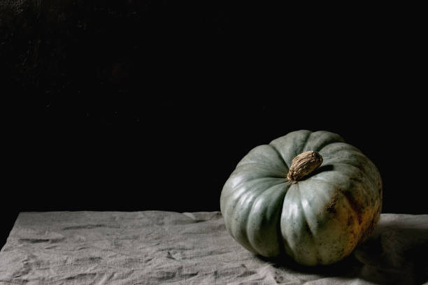 istock Blue pumpkin on linen tablecloth. Dark still life 1329687235