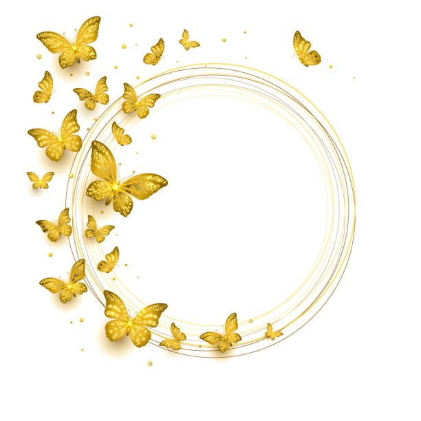 Flock of Golden Flying Butterflies flock of golden flying butterflies on a white background revival stock illustrations