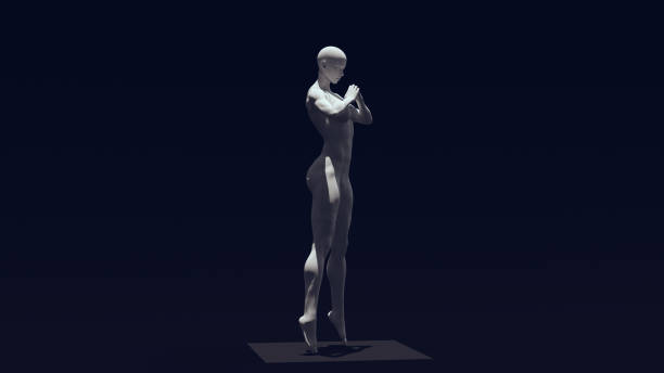 istock White Light Grey Stone Muscular Woman Statue Floating with Top Down Lighting 1329688375